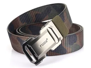 Detailed macro view of camo nylon belt with matte metal automatic buckle and logo