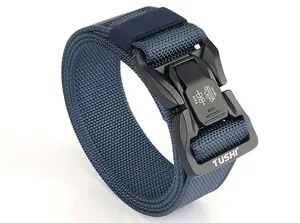 Detail of navy nylon tactical belt featuring quick-release alloy buckle with Tushi logo