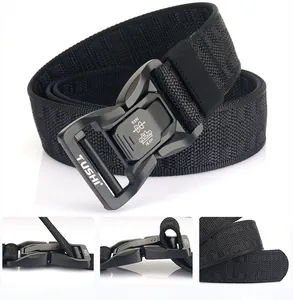 Close-up of matte black quick release metal buckle and high density nylon tactical belt