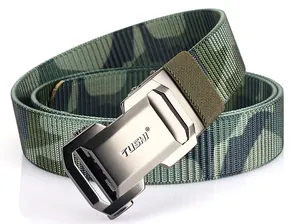 Detailed view of camo nylon belt with brushed automatic buckle and TUSHI logo