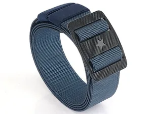 Detail of dark blue tactical nylon belt with black grid star buckle on white background