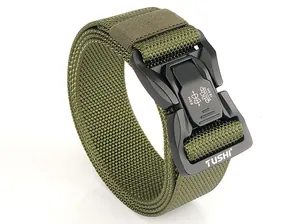 Detailed view of heavy-duty military green nylon tactical belt with quick-release buckle