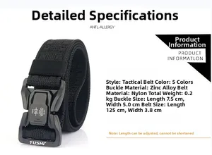Detail view of 3.8cm nylon tactical belt with zinc alloy quick release buckle dimensions