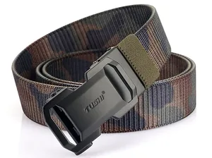 Close-up of jungle camouflage nylon tactical belt with a black matte automatic buckle