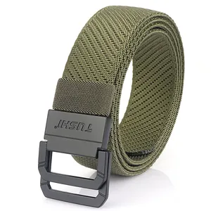 Army green woven tactical belt with black double-D ring metal buckle for men