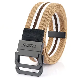 Men's elastic canvas belt with khaki stripes and black double D-ring metal buckle