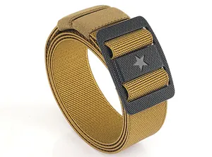 Macro detail of khaki nylon tactical belt with star-patterned black buckle texture