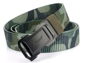 Detail of camouflage nylon tactical belt featuring a matte black automatic buckle