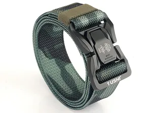 Detail of camouflaged nylon tactical belt with a matte black quick-release alloy buckle