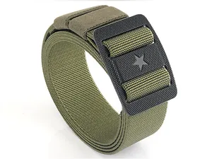 Detail of army green nylon tactical belt showing black matte buckle with star emblem