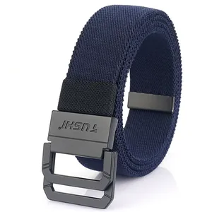 Elastic navy blue woven belt with matte black double D-ring buckle for men's casual wear