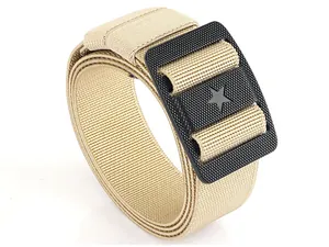 Macro detail of khaki tactical belt with black buckle featuring a central star design