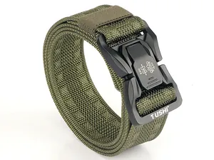 Detailed close-up of quick-release buckle on heavy-duty tactical army green nylon belt