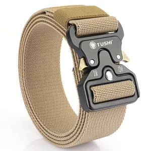 Tactical nylon stretch belt with quick release zinc alloy buckle in khaki color