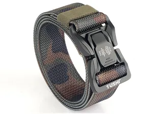 Close-up of tactical nylon belt featuring camo pattern and quick-release alloy buckle