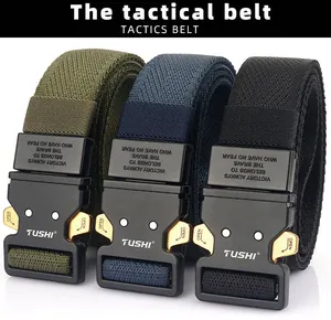 Close-up of tactical nylon belts in black, olive, and navy with zinc alloy buckles