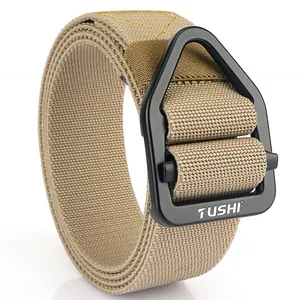 Khaki tactical woven nylon belt with black triangular metal buckle for outdoor hiking