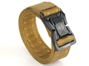 Detail of military tactical belt with quick-release metal buckle and nylon webbing