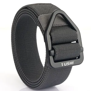 Tactical stretch nylon woven belt in dark gray with matte black triangular buckle