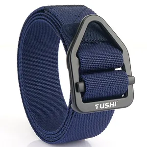 Navy blue tactical nylon belt with matte black triangular metal buckle for outdoor