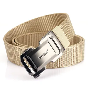 Men's khaki nylon woven tactical belt with metal automatic buckle on white background