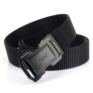Black nylon tactical belt for men with matte automatic buckle and durable woven strap