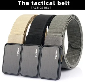Nylon tactical belts in black, khaki, and green with quick-release buckle mechanisms