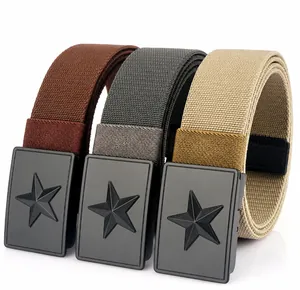 Close-up of three nylon tactical belts with matte black five-point star buckles in various colors