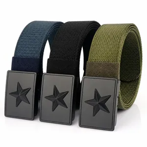 Three tactical nylon belts in blue, black, and green with star-engraved alloy buckles