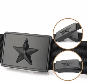 Detail of tactical camouflage nylon belt featuring a star embossed matte alloy buckle