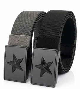 Detail of black and gray nylon tactical belts with star engraved matte buckles