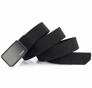 Macro detail of high-elastic black nylon tactical belt with matte metal buckle and logo
