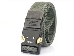 Close-up of tactical nylon belt with quick-release metal buckle and twill texture