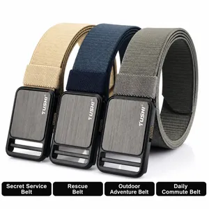 Three durable nylon tactical belts in khaki, navy, and army green with matte buckles