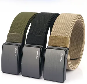 Nylon canvas belts in green, black and khaki with brushed metal automatic buckles