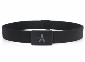 Close-up of black tactical nylon belt with matte star metal quick release buckle