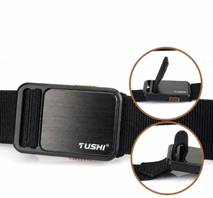 Detail of matte black tactical buckle and nylon web belt with convenient quick release