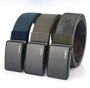 Detailed close-up of men's nylon tactical belts in navy blue, grey and camo patterns