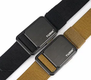 Detail of the tactical belt showing the brushed metal buckle and woven nylon fabric texture