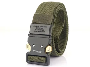Detail of army green tactical belt with heavy-duty nylon webbing and alloy buckle