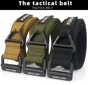 Three heavy-duty nylon tactical belts in khaki, army green, and black with 22KN metal buckles