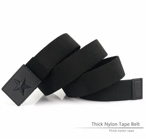Detail of black elastic belt featuring textured polyester band and star buckle design