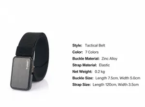 Detailed size specifications of black tactical elastic belt with zinc alloy quick release buckle