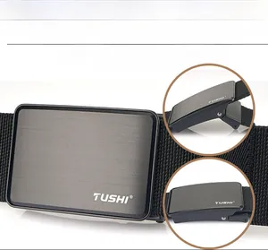 Detail of TUSHI nylon canvas belt featuring a grey brushed metal press buckle for men