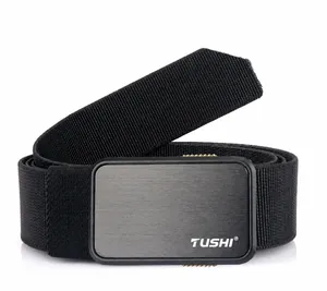 Close-up of black elastic tactical belt with brushed metal buckle and woven texture