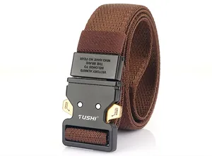 Detail showing tactical brown nylon belt with black metal quick-release buckle and engraving