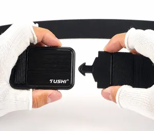 Detail of the zinc alloy quick-release buckle system on a men's tactical nylon belt