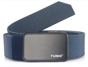 Close-up of durable navy blue elastic nylon webbing and matte black metal buckle with logo