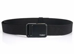 Close-up of quick-release metal buckle with brushed texture on black nylon tactical belt