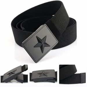 Detail view of tactical belt showing matte black buckle with embossed star and stitching